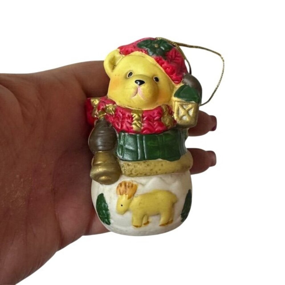 Vintage Ceramic Christmas Bear Ornament With Bell & Lantern